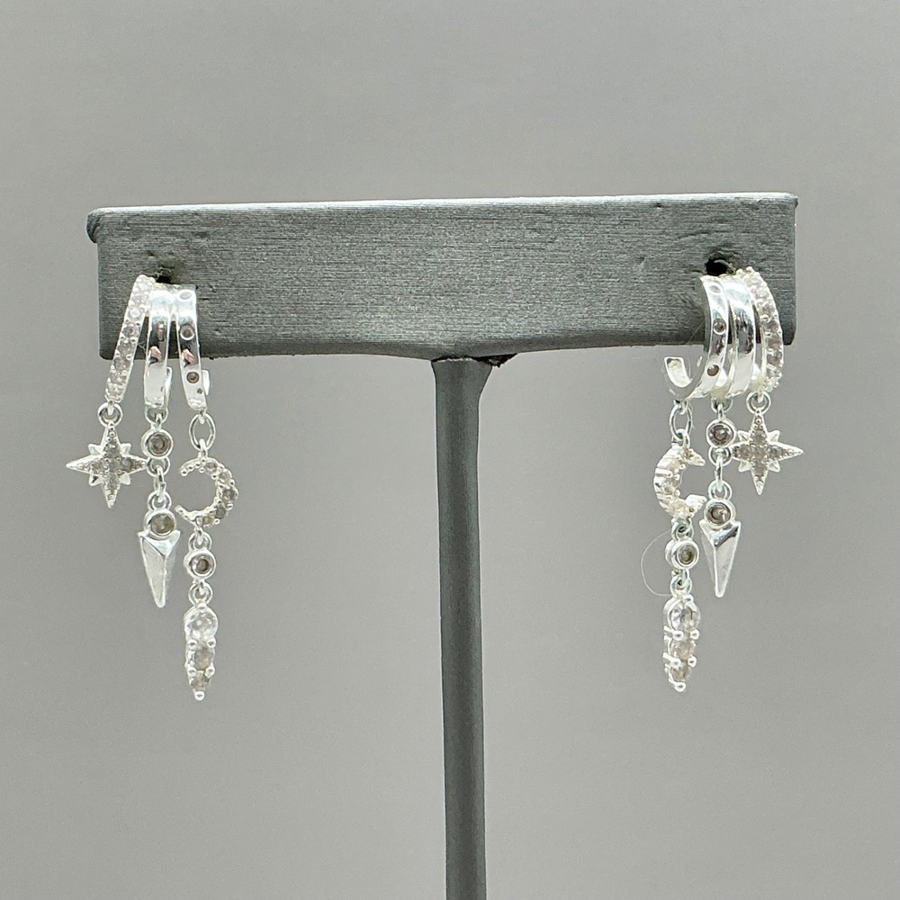 Celestial Charm Hoop Earrings Women Silver Tone Moon Star Dangle Rhinestones